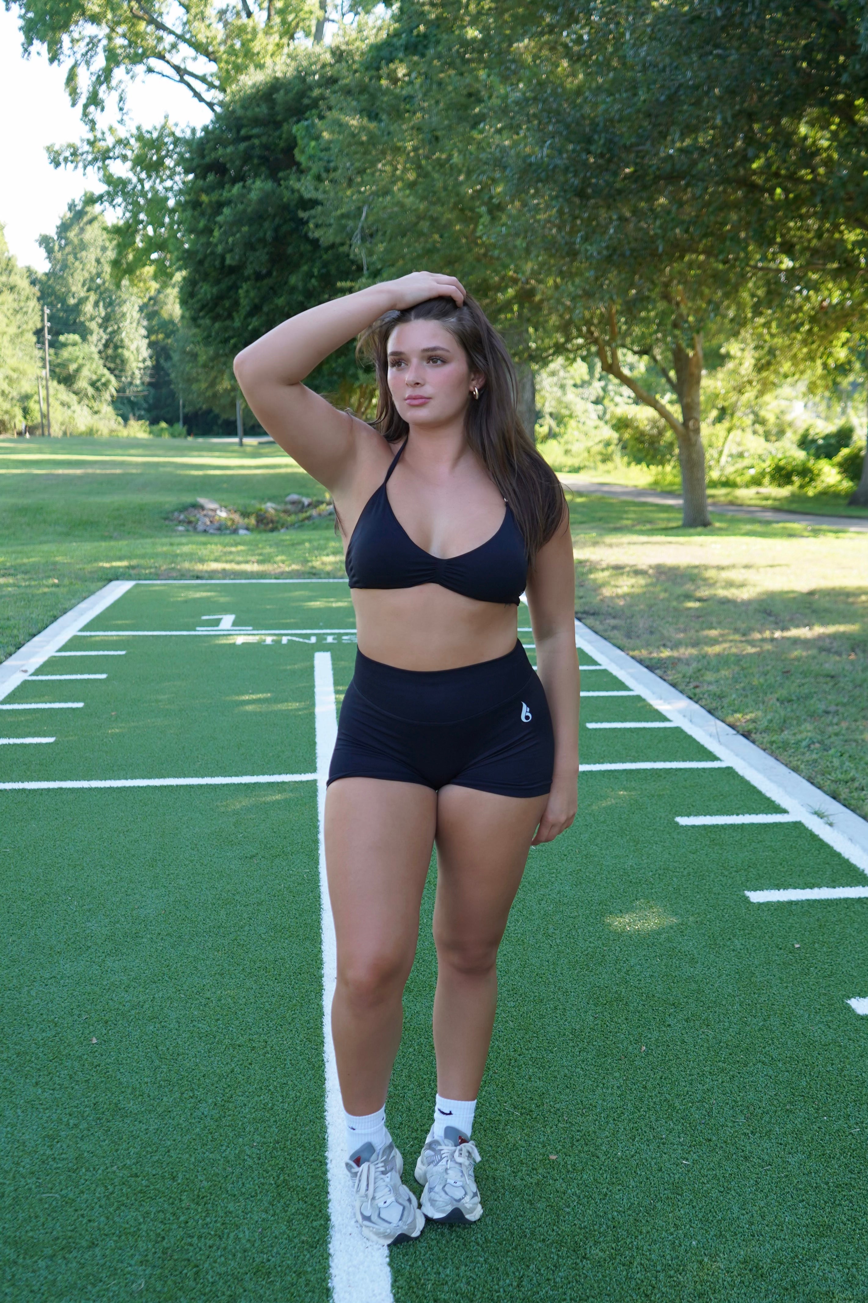 Women’s Halter Strappy Ribbed Sports Bra & Booty-Lifting Yoga Shorts Set